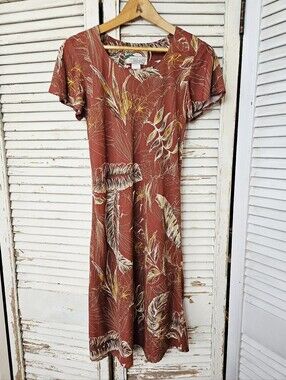 Vintage 90s Paradise Found Bias Cut Hawaiian Dress Earth Tones X-Small